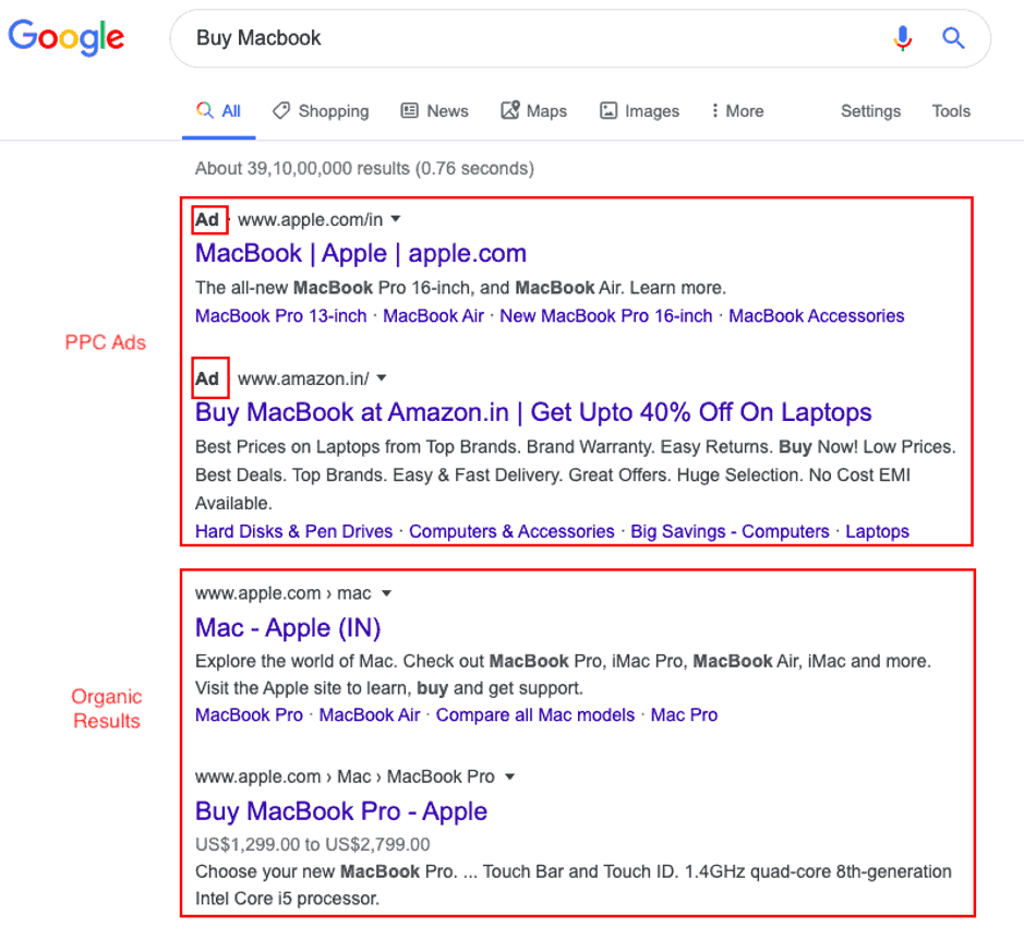 Google search results showing PPC Ads and organic search results.