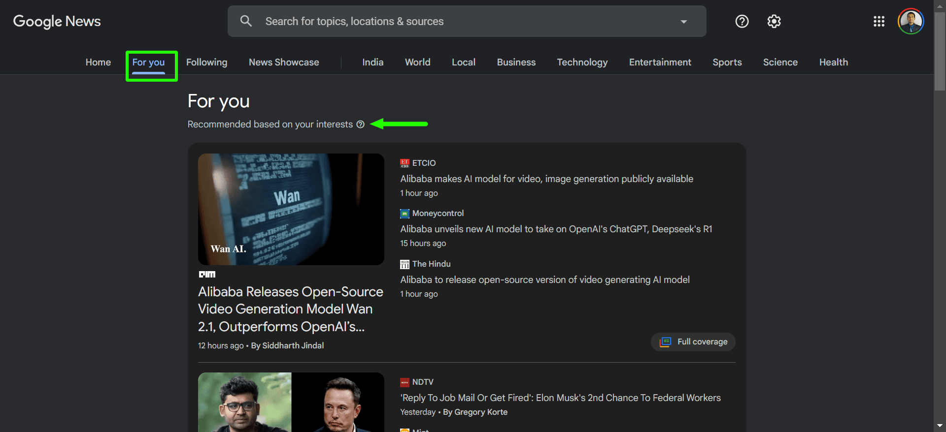 A screenshot of Google News “For you” section.