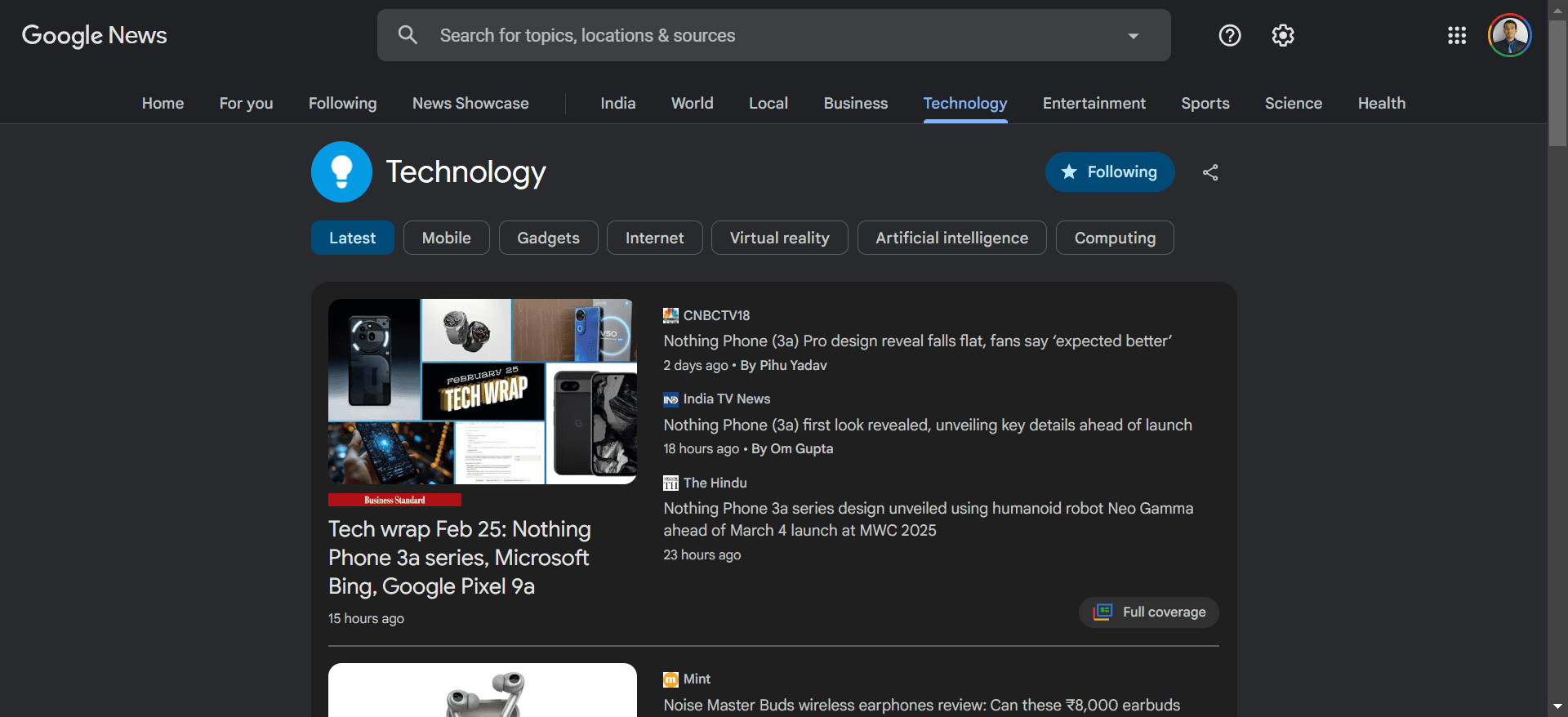 A screenshot of the Technology tab in Google News.